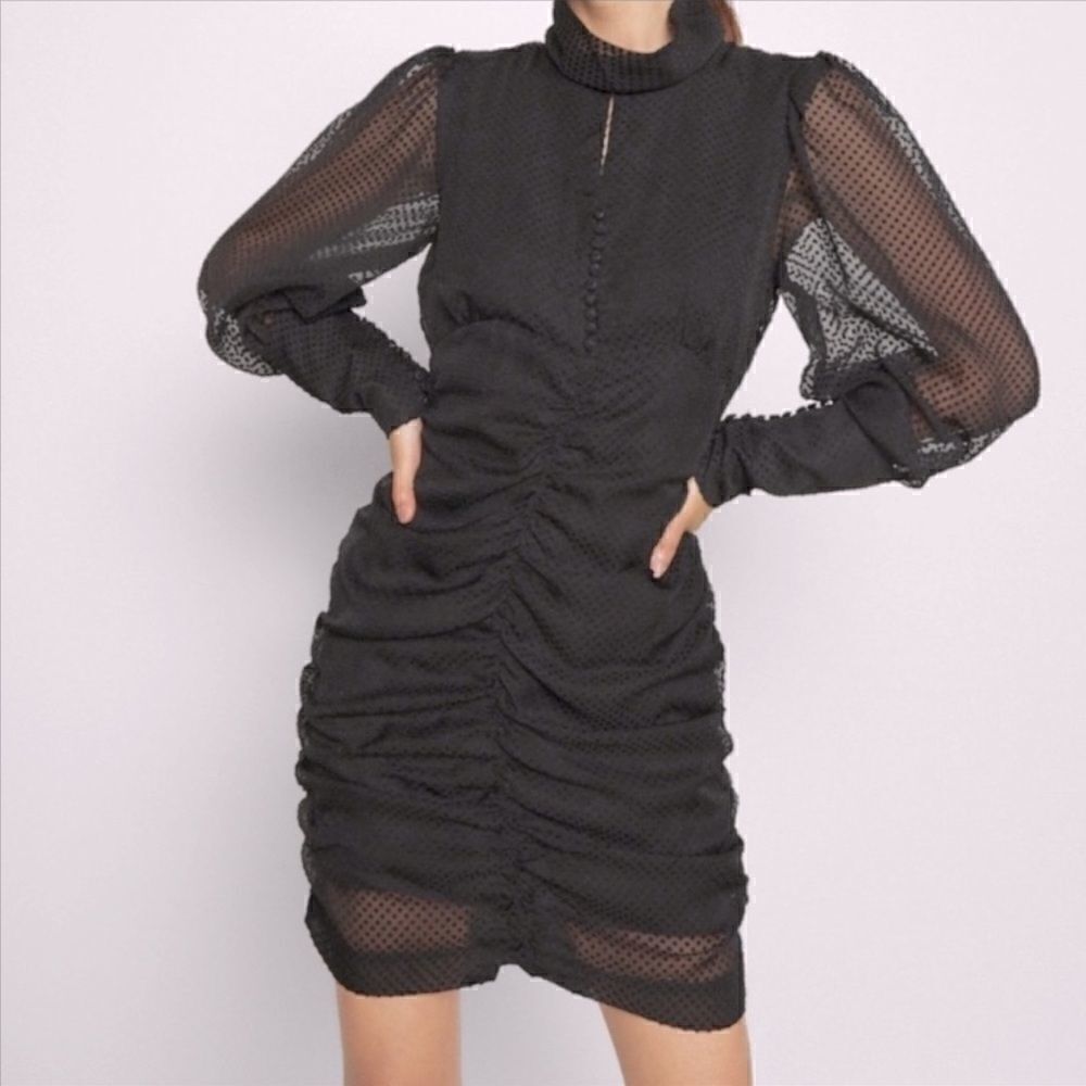 HOUSE OF HARLOW  1960 Black Ruched Mock Neck Long Sleeves Party Dress.Size 8